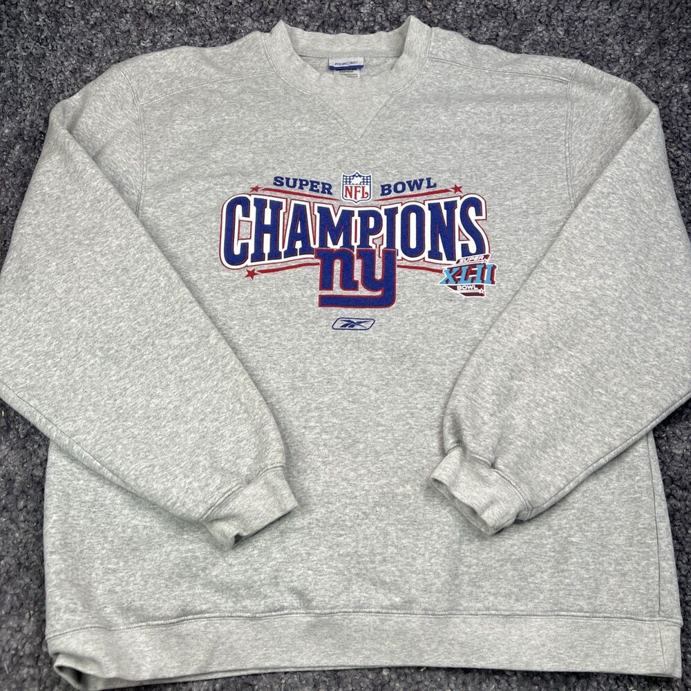 NY Giants Super Bowl XLII Champions Mens L Reebok Sweatshirt 2008 Gray Retro NFL